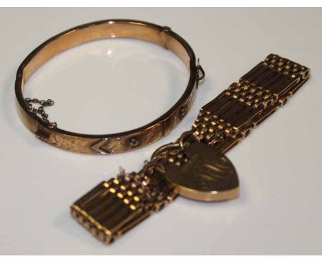 NINE CARAT GOLD GATE LINK BRACELET
along with a nine carat gold buckle design bangle, 38.2g gross