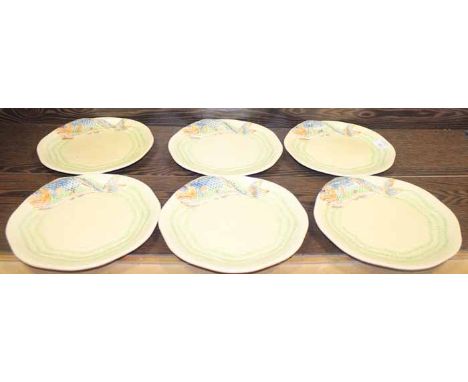 SET OF SIX CLARICE CLIFF MOULDED FISH PLATES
each with a moulded fish relief to the rim, handpainted with triple green rim, N