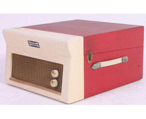 A 1950's Two tone Dansette portable record player - Dansette Major Deluxe 21 with original label to interior