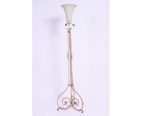 A vintage early 20th century painted metal rococo style uplighter standard lamp  having shade atop a rococo inspired base. Me