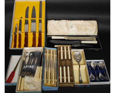 A collection of vintage mid 20th century flatware to include  good Walker & Hall carving set in presentation case, silver pla