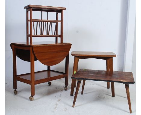 Two vintage coffee tables, along with a retro butlers trolley and a tile top table. H62 x W64 x D44 cm 