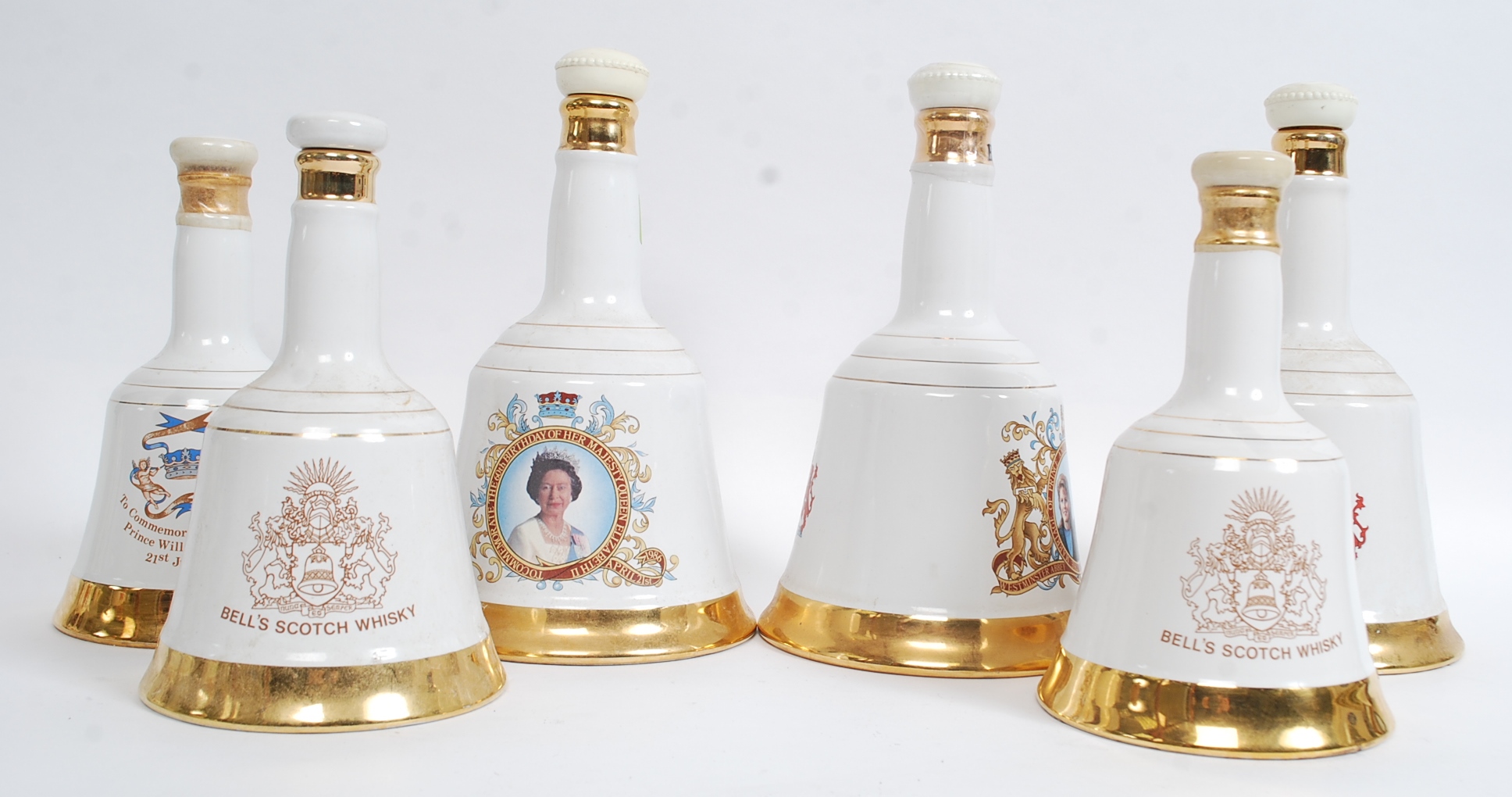 A collection of 6 ceramic Bells Whisky Bells of commemorative Royal