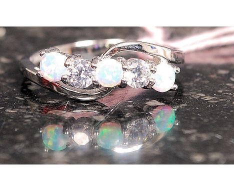 A white metal silver five stone cz and opalite ring Size R