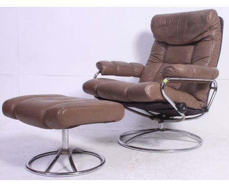 An Norwegian designer Ekornes leather revolving Stressless reclining chair with circular base along with a matching foot stoo