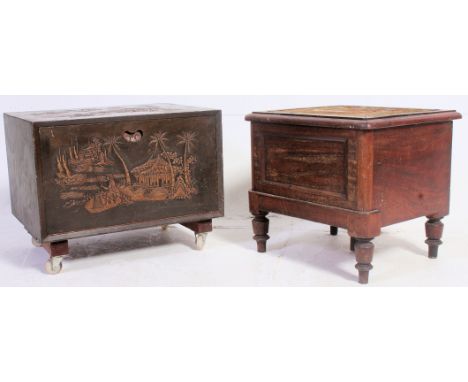 A Chinese camphor style carved chest with fall front together with a Victorian step commode in mahogany with ceramic liner