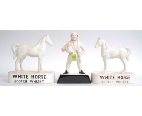 2 vintage 20th century White Horse Scotch whisky horse figurines on plinths together with jolly sailor pub figurine on plinth