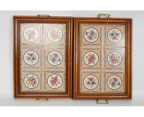 A pair of vintage Large quality Tiled serving tray , 6 floral tiles with wood surround and handles
W 58cm .