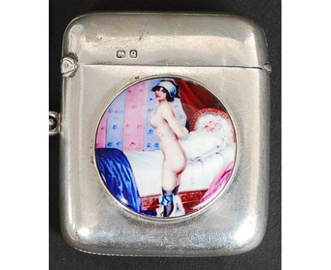 A good sized silver hallmarked Victorian vesta case by Stokes & Ireland, Chester hallmarks 1899, bearing an enamel style plaq