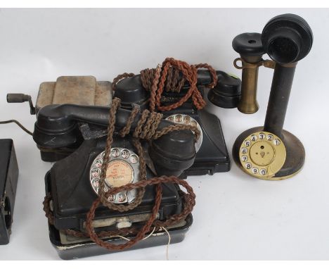 A collection of vintage telephones to include candlestick phone, 2 vintage bakelite 1/232f TE46/1 & another along with access