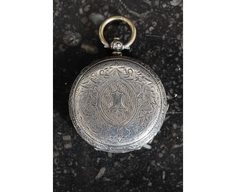 A continental SIlver cased ( stamped 800 ) enamel faced ladies pocket watch, rococo chased decoration, Swiss lever movement.
