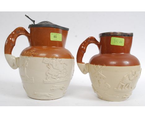 A collection of 2 large stoneware jugs having hunting scenes with horse and rider and Lercher dogs. One with silver plate col