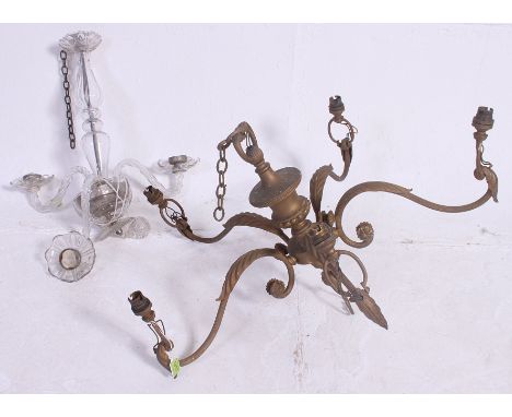 An Edwardian gilt metal 5 branch rococo chandelier ( 2 arms loose ) together with a vintage glass chandelier ( af )