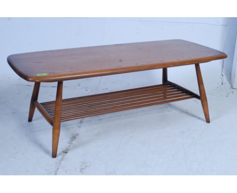 Ercol Golden Dawn Windsor pattern, elm rectangular coffee table with under-tier, 46cm x 104cm