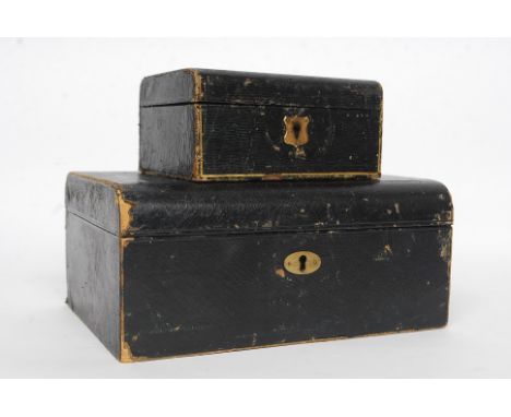 Two vintage jewellery boxes - both of similar design with green lined interior. Both with monogrammed letters to top in gilt.