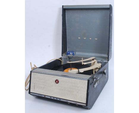 A vintage 1960's Bush portable record player having two tone vinyl case along with a vintage Bush radio in black
