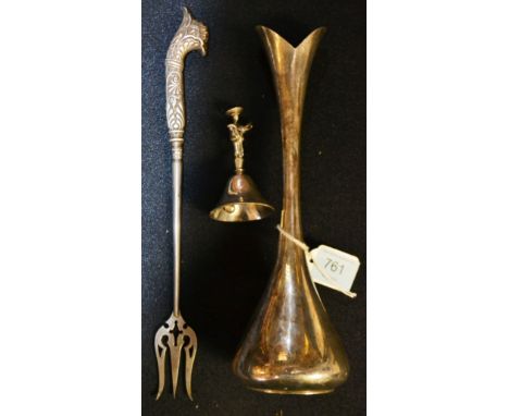 A South American unmarked silver table bell with figure handle together a Danish modernist vase stamped to the base and a sil