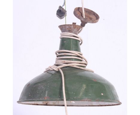 A Retro 1950's Industrial factory enamel painted metal pendant light lamp having original green and white finish