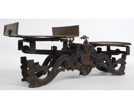 A good set of 19th century cast iron and brass grocers industrial scales of Swedish origin, Cast iron base with brass trays a