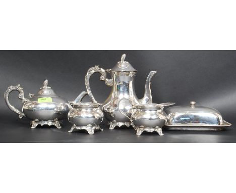 A silver plated tea service, consisting of tea pot, coffee pot, creamer, sugar bowl