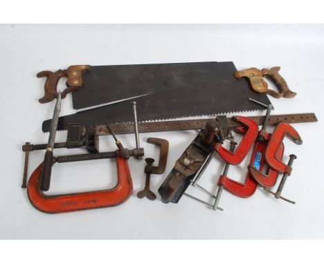 A good collection of antique and vintage carpenters wood working tools to include a Tyzak Elephant Saw, Marples tools and oth