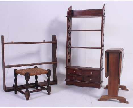 A collection of furniture to include wall hanging shelves, a foot stool, vintage Sutherland table please see images H64cm