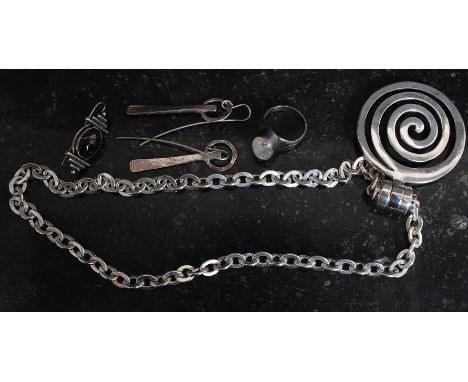 A heavy silver contemporary ladies necklace and pendant together with earrings, stone set brooch and a silver stone set ring.