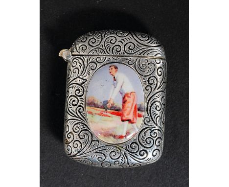 A  rococo chased silver white metal vesta case bearing an enamel style plaque of a batsman - cricket to one side and a golfer