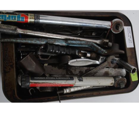 A good selection of vintage classic car and motorcycle tools to include wrenches, spanners etc. 