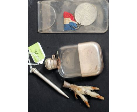 A sterling silver propelling pencil together with a white metal hip flask, a white metal talon brooch and a coronation of Kin