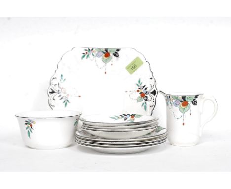 A 1930's Art Deco chintz pattern Shelley china part tea service comprising sugar bowl, creamer, sandwich plates, saucers and 