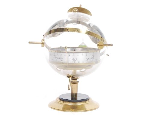 An original retro 1960's German Novelty Sputnik Weather Station barometer. The brass terraced base having smoked glass globe