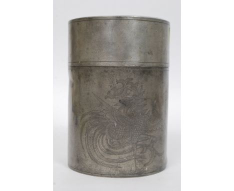 Vintage Chinese Kut Hing Swatow pewter tea caddy canister pot having chased Dragon and birds of paradise decoration, stamped 