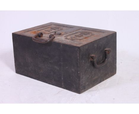 A 19th century Victorian strong box - coffer safe. The hinged top with Crown and R cypher with military crows foot arrow mark