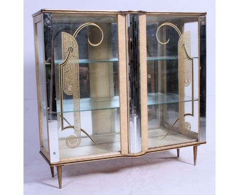 A vintage 1950's cream formica china display cabinet being mirror lined with detailed glass sliding doors. with central mirro