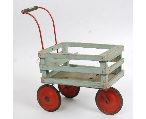 A vintage childs three wheeled handled wooden and metal cart. H47cm
