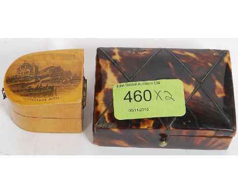 A vintage Tortoiseshell ladies trinket box having hinged top with lined interior together with a mauchline ware treen case wi