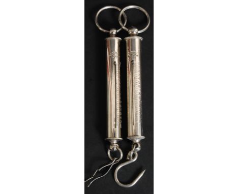 A good cased  silver plated set of Salter newton hanging balance fisherman weighing scales.  Original baize lined presentatio