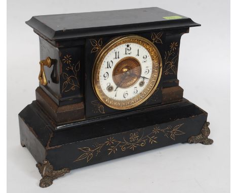 An early 20th century Victorian Ansonia Clock Co. slate style mantle clock, decorated with brass handles to the sides, and ca