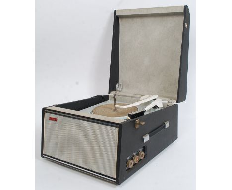 A vintage 1960's Hacker portable record player having grey two tone vinyl case with Garrard 4 speed deck within. Model No GP4