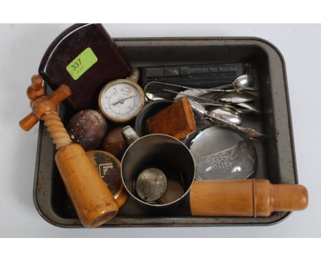 A good mixed lot to include a British Empire Exhibition railway locomotive, treen pieces, vintage pressure gauge, plated ware