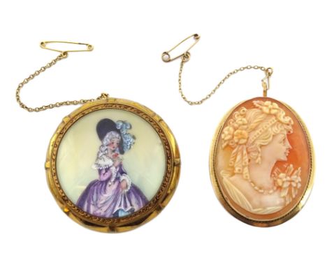 Gold mounted cameo brooch, stamped 9K and Portrait of a lady, Thomas L Mott hand painted brooch Condition Report Cameo approx