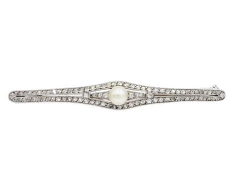 Art Deco single pearl and diamond set bar brooch Condition Report Metal unmarked, length = 54mm, approx 5.4gmClick here for f