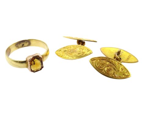 Pair of 9ct gold marquise shaped cufflinks, with engraved decoration hallmarked and 18ct gold  (tested) citrine ring  Conditi