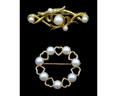 Gold  heart and pearl design circular brooch and gold pearl scroll design brooch, both hallmarked 9ct (2) Condition Report Ap