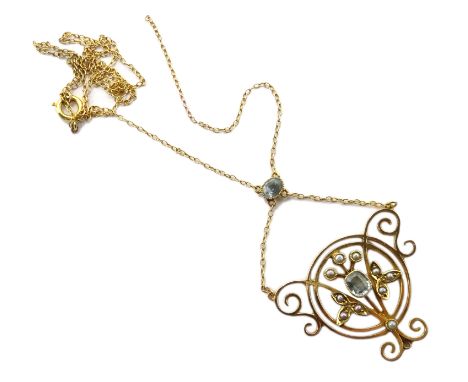 Early 20th century aquamarine and seed pearl pendant necklace, stamped 9ct Condition Report Chain brokenClick here for furthe