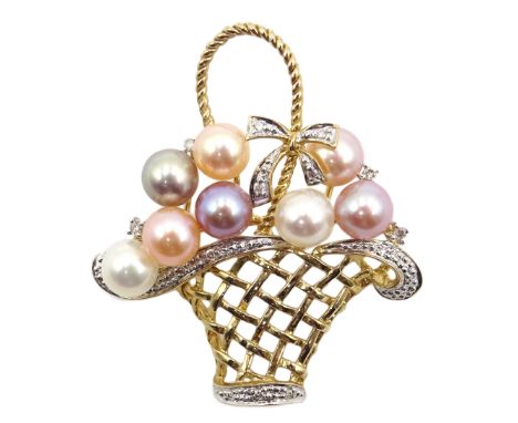 Gold pearl and diamond basket brooch, hallmarked 9ct  Condition Report Approx 5.6gm, 37mm x 33mmClick here for further images