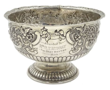 Victorian silver pedestal presentation bowl embossed decoration by Wakely & Wheeler London 1898, engraved 'Durham North East 