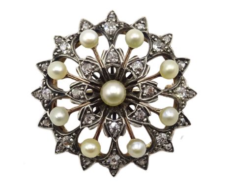 Victorian pearl and diamond circular brooch, set in gold and silver Condition Report Approx 9.6gm, diameter = 27mm, good cond