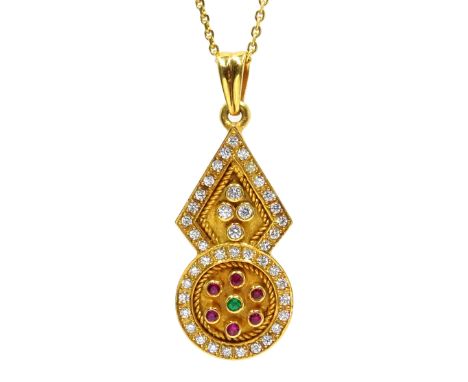 18ct gold solid pendant with diamond borders, diamond, ruby and emerald set raised tubes stamped 750 Condition Report pendant